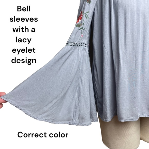 Umgee Womens Bohemian Blue/Gray Floral Embroidery Flowy Bell Sleeve Sz Small - Picture 9 of 15